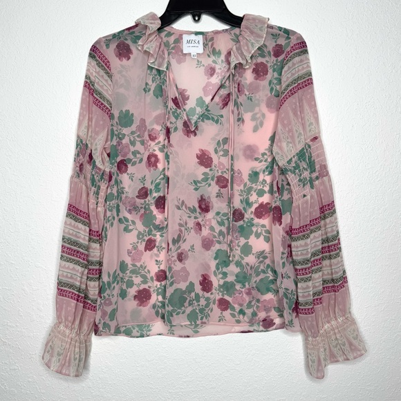 Misa Los Angeles Revolve Pink Green Floral Bohemian Blouse Women’s XS - Picture 1 of 7